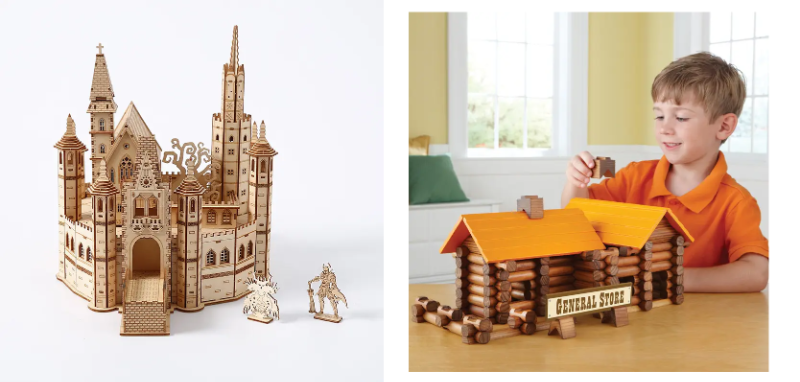 Bundle of Wooden Castle Playset with Knights and Accessories and Wooden Log Cabin Construction Set